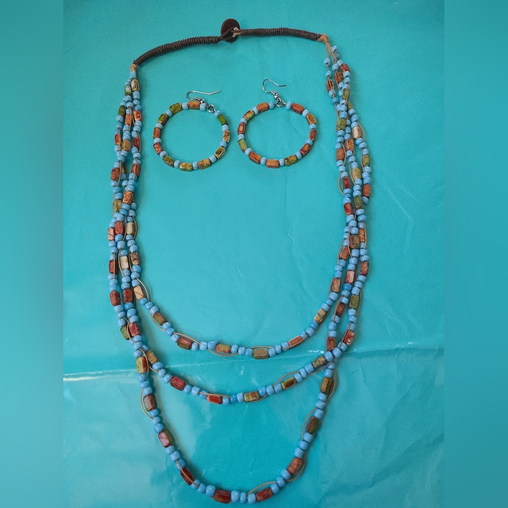 Multicolor Boho Bead and Stone Women's 3 Tier Necklace and Fish Hook Earring Set